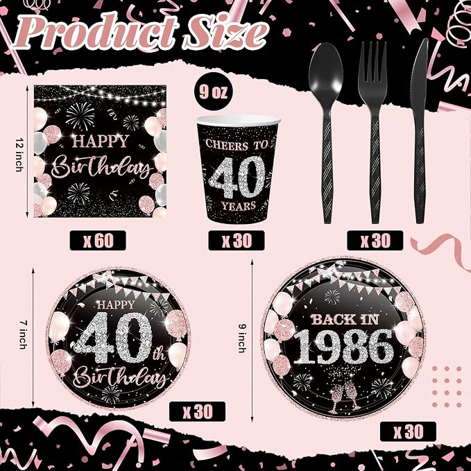 240 Pcs 40th Birthday Decorations 1986 Birthday Party Tableware Include Plates Napkins 9oz Cups Cutlery 40th Anniversary Party Supplies for Men Women Him Her, Serve 30 Guests (Black Pink)