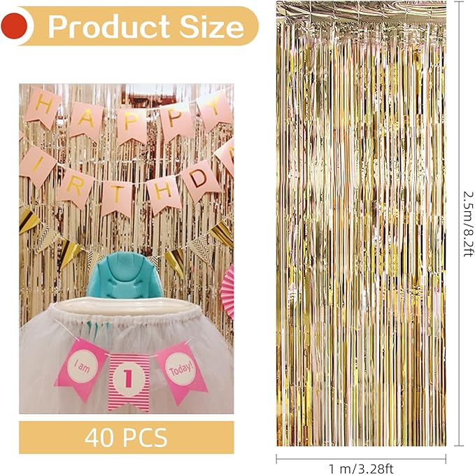 40 Pack Champagne Gold Foil Curtain Backdrop Metallic Tinsel Foil Fringe Curtains Photo Booth Props for Birthday Party Decoration Christmas Holiday Halloween New Year Party Supply