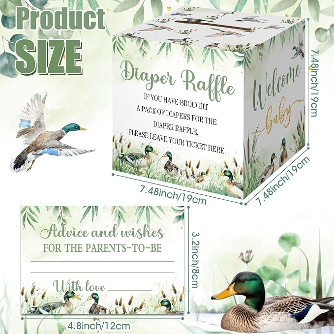 Teling 51 Pieces Diaper Raffle Tickets with Card Box Baby Shower Decorations Baby Shower Holder Box for Girl Boy Diaper Raffle Party(Mallard Duck)