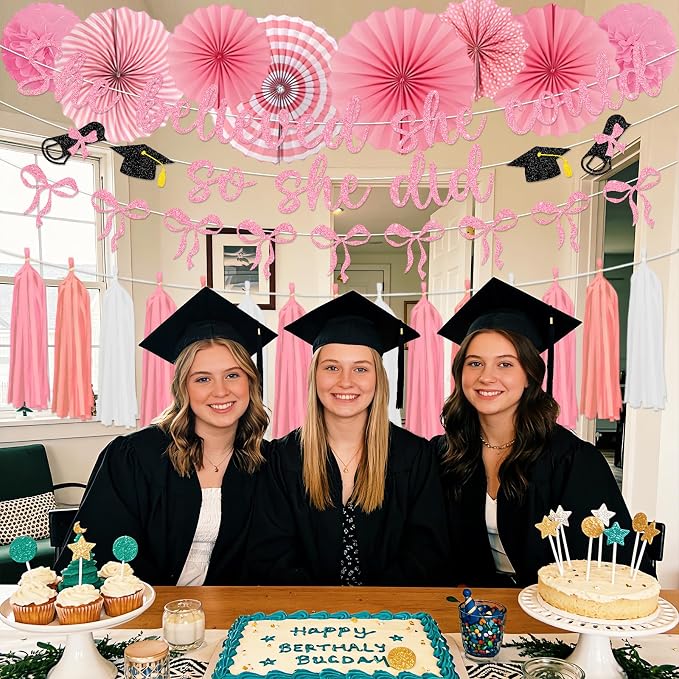 Pink Graduation Decorations 2026 - 14PCS Pink Bow Graduation Banners Pompoms Tassels Paper fans Party Decor, Bowknot Graduation Supplies for Primary Middle High School University College