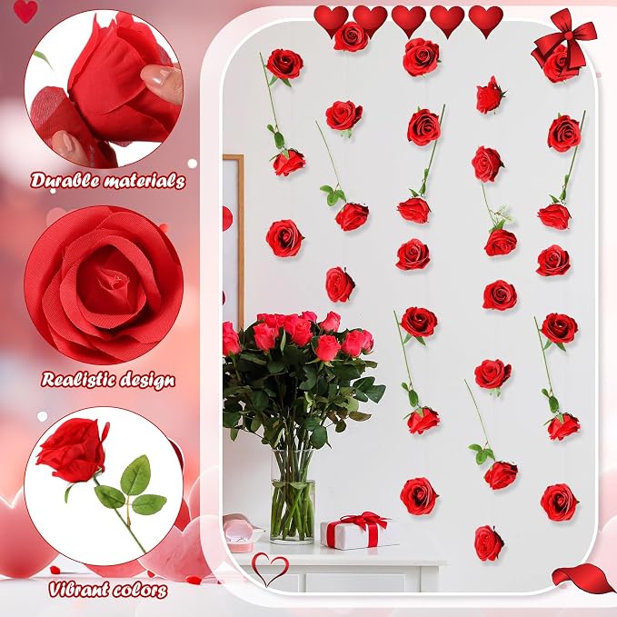 Suncalla 40 Pcs Artificial Rose Flower Hanging Decorations Set DIY Hanging Fake Roses Garlands with Hooks Wedding Party Decorations for Anniversary Background Themed Party(Red)