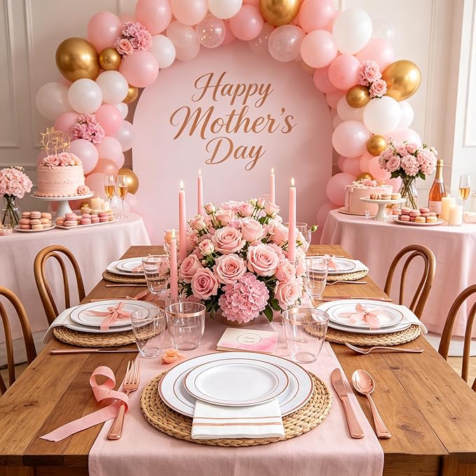 GATHER 350PCS Rose Gold Plastic Plates - Disposable Rose Gold Dinnerware Sets Includes 100 Gold Rimmed Plastic Plates, 150 Silverware, 50 Napkins, 50 Cups for Party, Wedding, Mother's Day