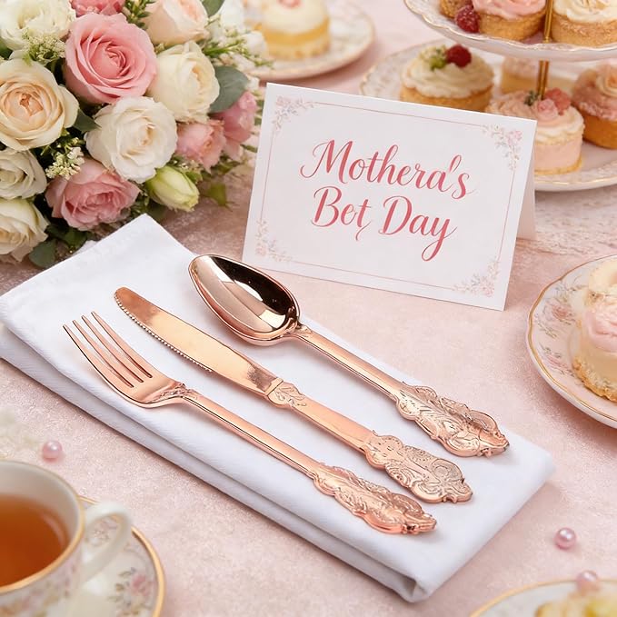 WDF-300 Pieces Rose Gold Plastic Silverware- Disposable Flatware -Heavyweight Plastic Cutlery- Includes 100 Forks, 100 Spoons, 100 Knives for Wedding/Parties/Mother's Day