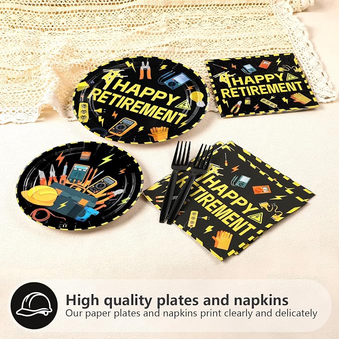 96Pcs Electrician Retirement Graduation Party Decorations Electrician Lineman Plates and Napkins Lineman Tools Decoration for Man Congrats Grad Construction Builder Carpentry Party Supplies Serves 24