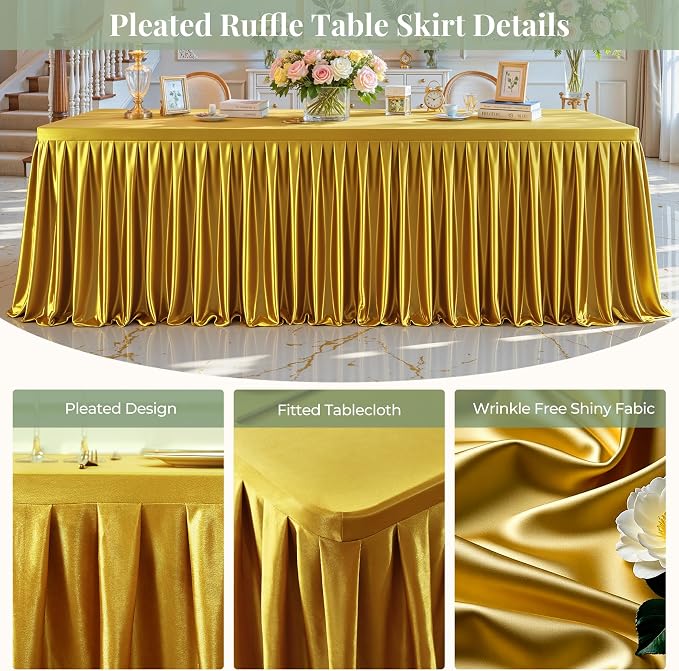 Gold Satin Tablecloths Rectangle 4FT, Glitter Fitted Stretch Table Covers Wrinkle-Resistant Floor Length Shimmer Pleated Table Skirt for Weddings Parties Baby Shower Banquets Vendor Events