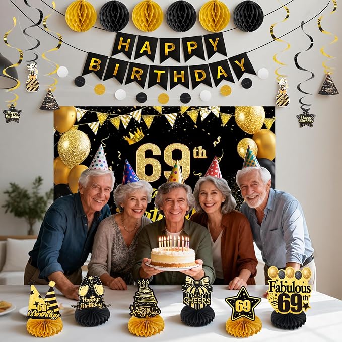 Happy 69th Birthday Party Decoration: Including Birthday Banner Backdrop, Party Table Centerpieces and Hanging Swirl Party Streamers, Birthday Decor for Men and Women (Gold/Black, 69th Birthday)