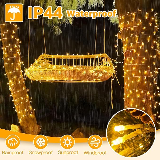 Ollny 400LED 131FT Christmas Lights Outdoor, Clear Wire Fairy Lights with Remote 3 Timer, Plug in 8 Modes String Lights for Bedroom Indoor Outside House Party Xmas Decorations, Warm White