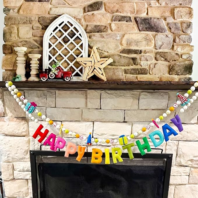 Pre-Strung Happy Birthday Banner, Colorful Felt Ball Garland, Felt Party Hats, Birthday Candles, Cute Gifts, Personalized Banner Sign for Holiday Decor Birthday Party Decoration