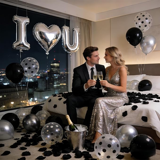 32 Inch I Love You Balloons Black and Silver Balloon with Heart Shaped, Love Foil Balloons and 1000 Pieces Rose Petals for Anniversary Valentine's Day Proposals Decorations (Black and Silver)
