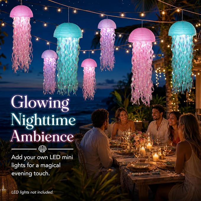 6-Pack Jellyfish Paper Lanterns with Shiny Ribbons, Pink Blue Purple Under The Sea Party Decorations, Mermaid Birthday Decorations for Girls, Ocean Themed Pool Party