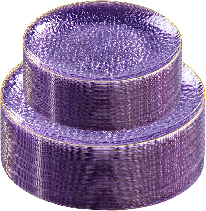 Rubtlamp 60Pcs Clear Purple Gold Plastic Plates, Purple Disposable Plates With Gold Rim, Hammered Plastic Plates Include 30 Clear Dessert Plates, 30 Dinner Plates for Party