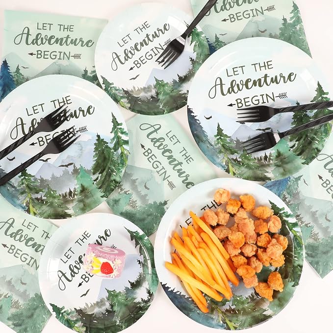 Adventure Awaits Baby Shower Tableware Let The Adventure Begin Plates Pine Tree Mountain Wilderness Dinnerware Disposable Paper Dinnerware For Baby Shower Birthday Party Decor Supplies 24 Guests
