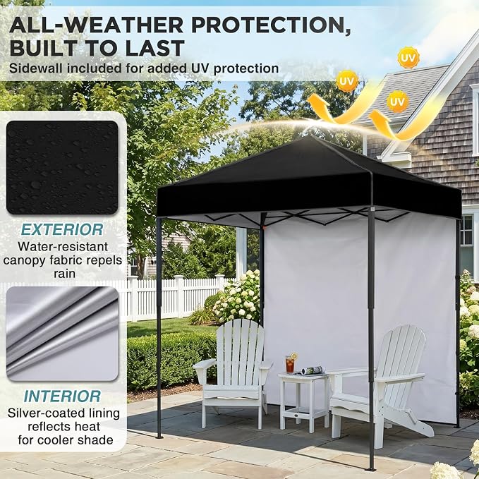 EAGLE PEAK 6x4 Instant Pop Up Canopy Tent with 1 Side Wall Panel, Straight Leg Sun Shelter, Portable Canopy with Carry Bag for Camping, Beach & Sports, Black