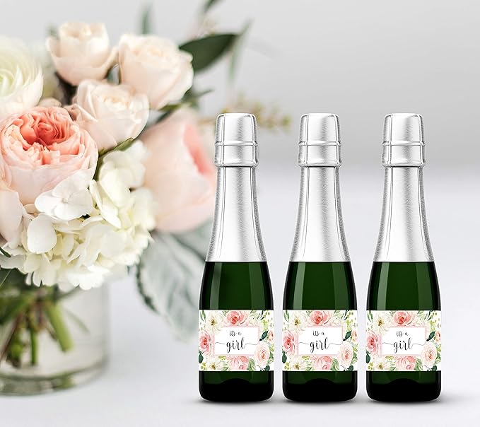 It’s a Girl Mini Champagne Bottle Labels ● SET of 12 ● Pink Baby Shower Mini Champagne Label, About to POP Thank You for Celebrating with us Favors Stickers Gender Reveal WATERPROOF (Blooms)