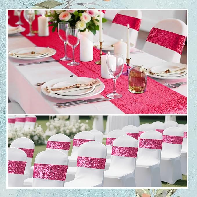 54 Pieces of Red Sequin Chair Ribbons and Table Runners, 48 Sequin Chair Bows, 6 Glitter Table Runners, Suitable for Wedding Parties Birthday Meeting Events Decorations (Rose Red)