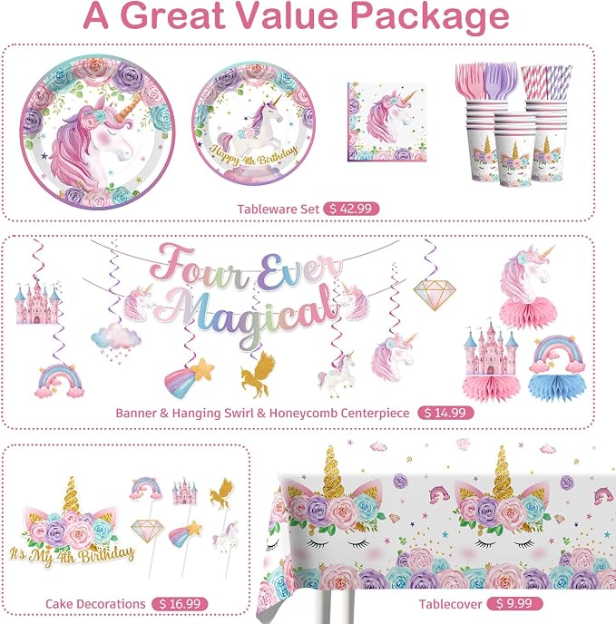 Xynic 332PCS Four Ever Magical Birthday Party Supplies, Unicorn 4th Birthday Decorations Set for 50 Guests with Plates, Napkins, Cups, Tablecloths & Balloons, Unicorn Party Supplies