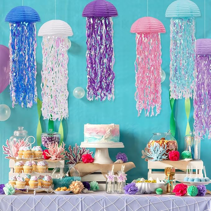 Mermaid Birthday Decorations, Jellyfish Paper Lanterns Pink Purple Blue White Hanging Lantern for Mermaid Birthday Party Baby Shower Under The Sea Ocean Decorations Pack of 8