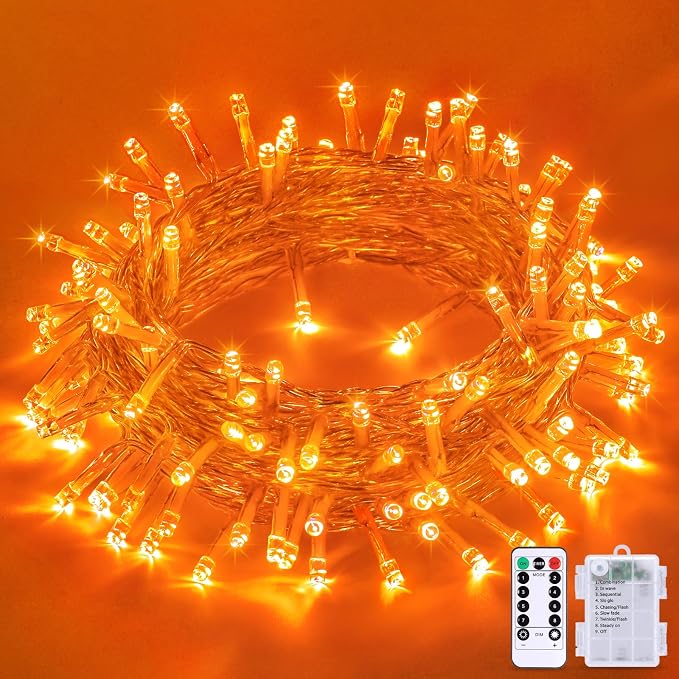 JMEXSUSS 33FT 100 LED Orange Lights for Halloween, Battery Operated Halloween Lights Outdoor Indoor, 8 Modes Remote String Lights for Yard Tree Front Porch Room House Fence Xmas Decor