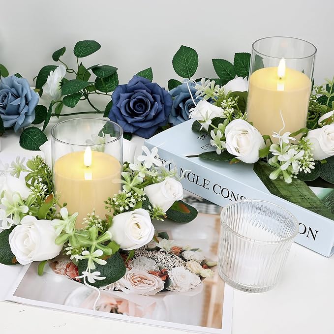 12 PCS Artificial Roses Rings - 3 Inch Roses Flower Wreaths with LED Candles Eucalyptus Pillar Holder Wreath for Wedding Table Centerpiece Home Decorations, White, 6 Sets