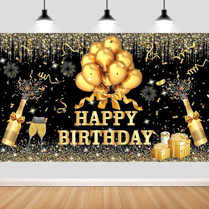 63 PCS Black Golden Birthday Party Balloons Decoration for Man Women | with Photo Backgrounds Backdrops Colth, Confetti Balloons, Happy Birthday Sign Banner Cloth
