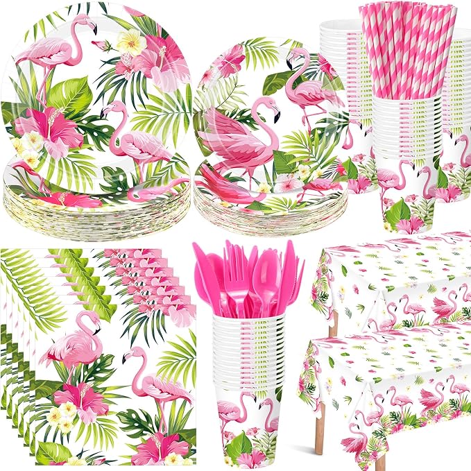 LemonRoad 452 Pcs Hawaiian Flamingo Party Decorations for 50, Hawaiian Tropical Paper Plates Napkins Cups Tablecloth Cutlery Straws Luau Disposable Tableware for Aloha Summer Birthday Party Supplies