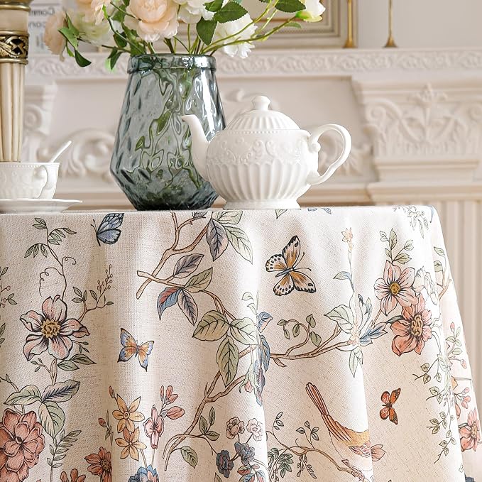 ISAENNE Designer French Linen Round Tablecloth,Diameter 55"-Cornucopia | Vintage Elegant Small Floral and Bird Pattern Beautiful Table Cloth for Dining Room Tea Party Kitchen Thanksgiving,Decor