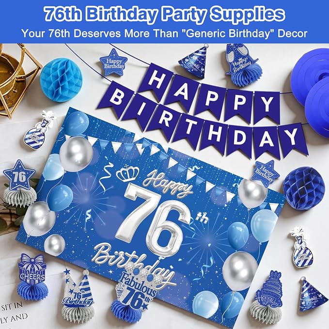 Happy Birthday Party Decoration Set: Including Birthday Banner Backdrop, Party Table Centerpieces and Hanging Swirl Party Streamers, Birthday Decor Suppliers for Men and Women (Blue, 76th Birthday)