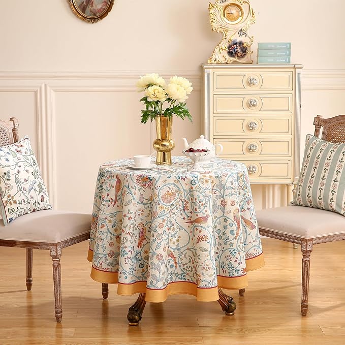 patdrea Vintage French Linen Tablecloth,Round,Diameter 67"-Magnolia | Colorful Elegant Table Cloth for Round Table,Yellow Floral Bird Print,Dining Room Tea Party Decoration,Durable