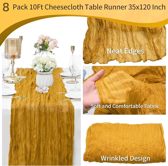 15 Pack Cheesecloth Table Runner 10Ft Romantic Cheese Cloth Table Runner 35 x120 Inch Rustic Gauze Boho Table Runners for Wedding Birthday Party Baby Bridal Shower Gender Reveal Table Decor(Mustard)