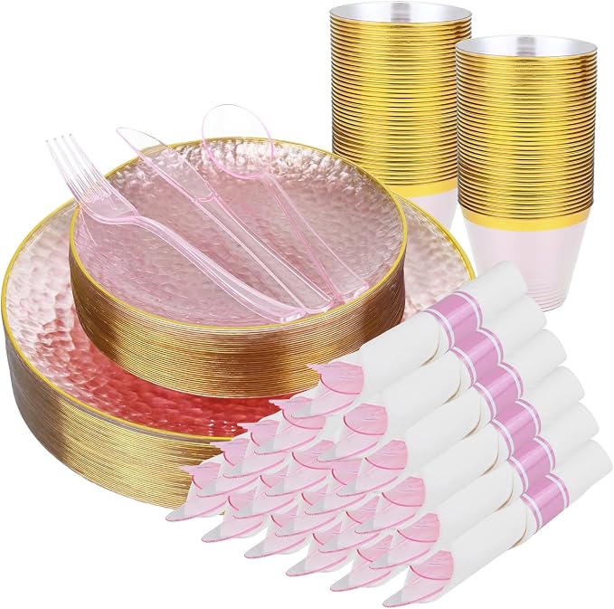 175PCS Pink Hammered Plastic Dinnerware Set for 25 Guests - Disposable Pink Plates with Gold Rim, Heavy Duty Cups Pre-Rolled Napkins with Cutlery (Forks/Knives/Spoons), Ideal for Wedding, Party