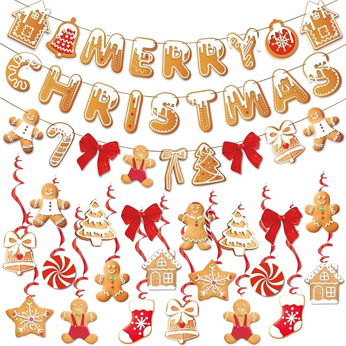Merry Christmas Banners Gingerbread Theme, Pre-Strung Xmas Party Decorations, with 20 Pcs Gingerbread Men Hanging Swirls for Office Celebrations, School Events, Home Holiday Indoor Decor