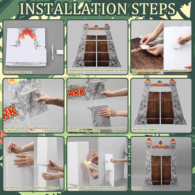 Ctosree 9 Pcs Dinosaur Party Decorations Set 59'' Cardboard Dinosaur Gate 47'' Inflatable Dino, 3D Dino, 12'' Box, Wooden Stake, Egg and Pothos Leaves for Birthday Party Supplies
