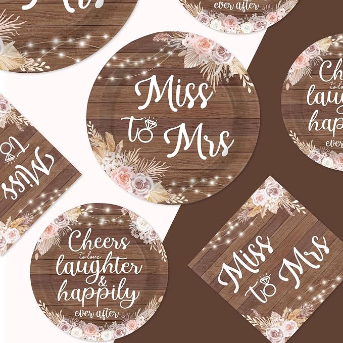 250Pcs Rustic Bridal Shower Decorations love laughter and happily ever after Plates and Napkins Miss to Mrs Decorations Favor for Boho Floral Vintage Wedding Engagement Dinner Party Supplies Serves 50