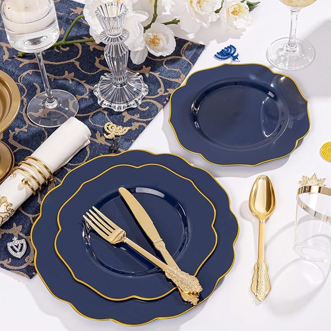 NOCCUR 175PCS Blue Plastic Plates with Disposable Silverware - Include 50 Blue Disposable Plates with Gold Rim,75 Gold Cutlery,25 Cups,25Napkins for Party/Wedding/Graduation/Memorial Day