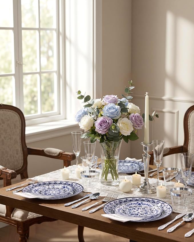 Hioasis 60pcs Blue Plastic Plates Set - Floral Blue & White Porcelain Design, 10.25" Dinner & 7.5" Dessert Plates Disposable for Wedding & 4th ofJuly (Dishwasher Safe, Traditional Style)