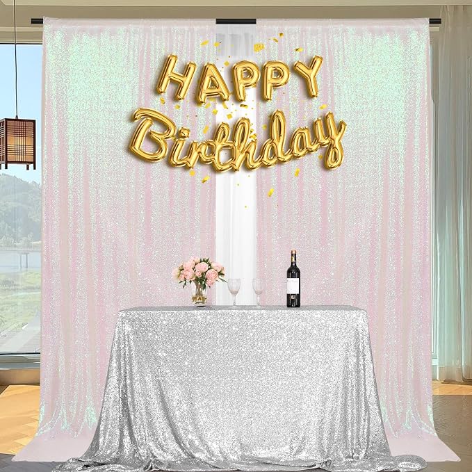 PartyDelight Iridescent White Sequin Backdrop 5x10ft 2 Panels | Iridescent white 3mm sequins show pink and purple tones under light on mesh backing for photos arches stages and party walls