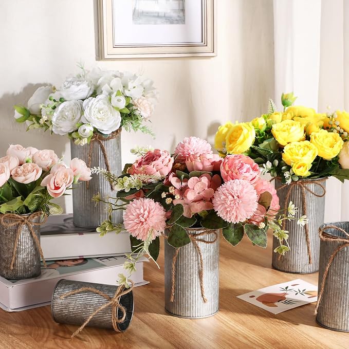 Zonon 9 Pcs Farmhouse Vase Decor with Twine Bow 4.33" Galvanized Flower Bucket 5.91" Metal Pots 7.09" Rustic Decorated Vases for Artificial Flowers Home Table Weddings Decor (Black)