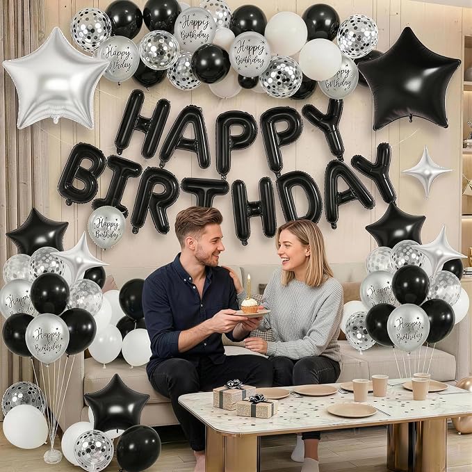 Black and Silver Birthday Decorations for White Black Silver Metallic Print Party Balloons Confetti Balloon Happy Birthday Banner 18/10 Inch Heart Balloons Star Balloon for Men Bday Party Supplies