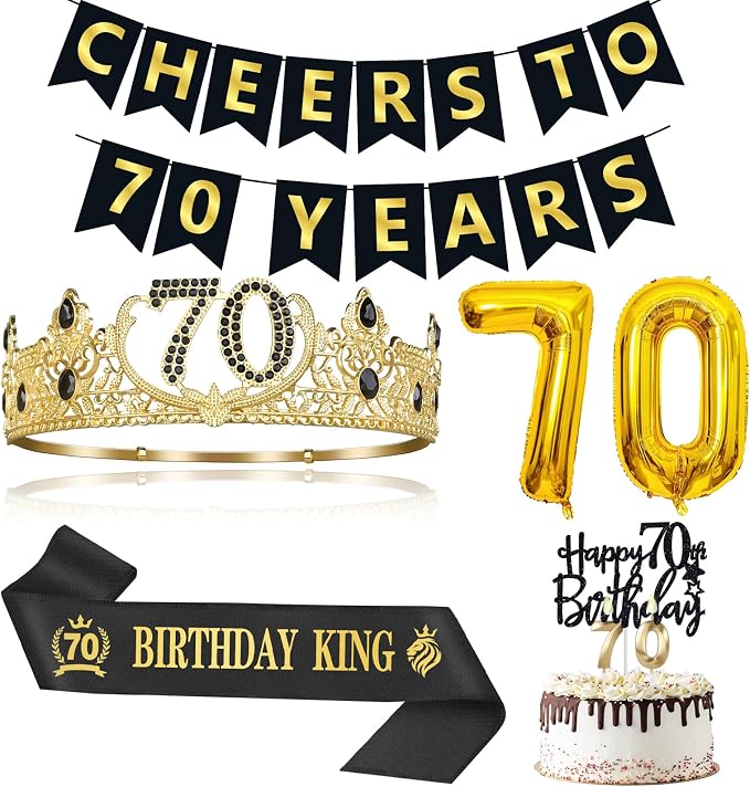 70th Birthday Gifts for Men, 70th Birthday Decorations for Men, Party Decor Supplies including King Crown & Sash & Banner & Balloons & Cake Topper & Candles