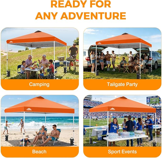 EAGLE PEAK Pop Up Canopy Tent with Wheeled Carry Bag, 8 Stakes, 4 Ropes, 4 Weight Bags, Easy Set Up Tent Canopy, 10x10 ft, 100sqft of Shade, Orange