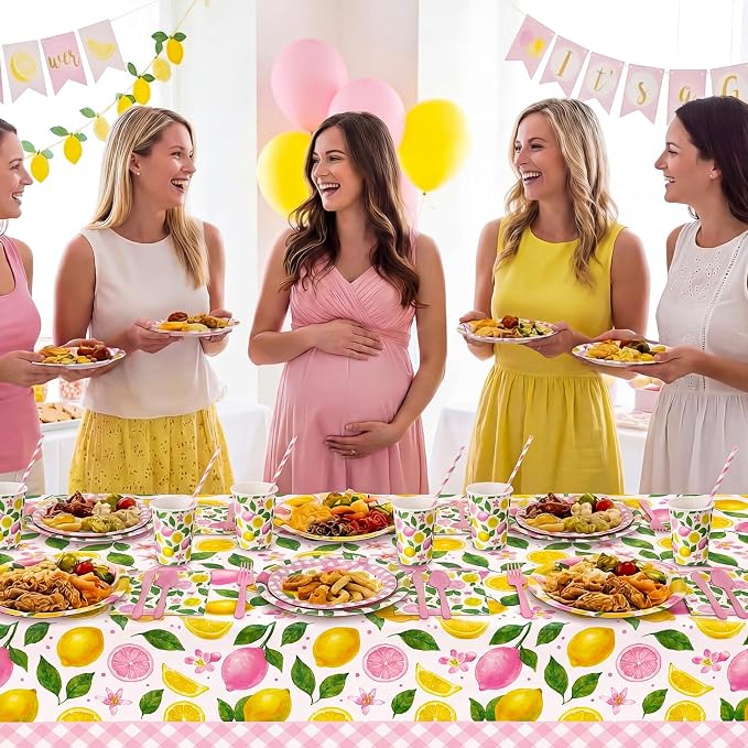 Vesici 452 Pcs Pink Lemon Party Supplies Lemon Party Tableware Set with 9 Inch 7 Inch Plates Napkins Tablecloths 9oz Cups Cutlery Straws for Summer Birthday Baby Shower Bridal Shower, 50 Guests