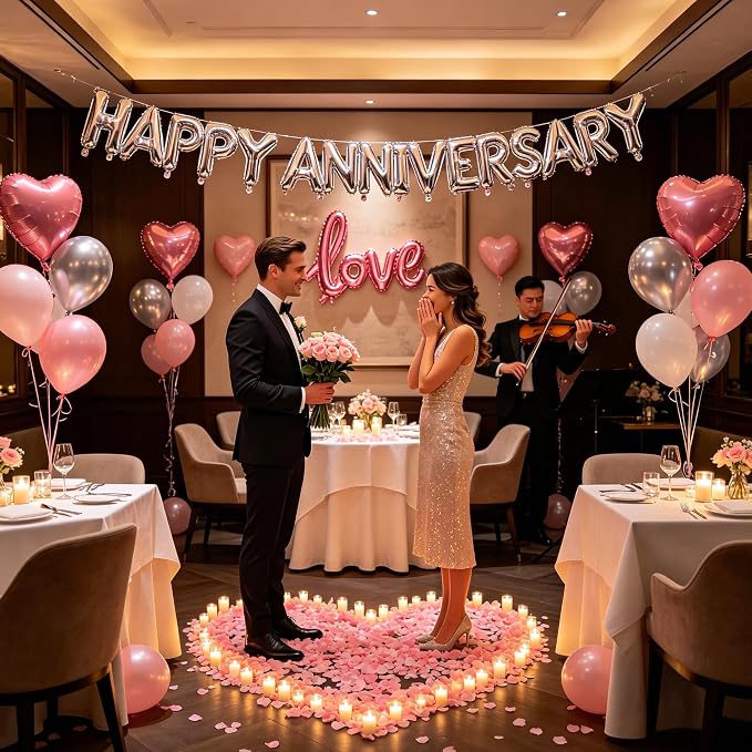 Pink Happy Anniversary Balloons Kit with Heart Shaped, Love Foil Balloons and 1000 Pieces Rose Petals for Valentine's Day Proposals Decorations (Pink - Happy Anniversary)