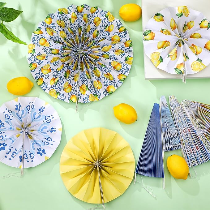 Feifeiya 12 Pcs Capri Lemon Hanging Paper Fans 8'' 12'' 16'' Blue and Yellow Capri Lemon Paper Fans Set Round Porcelain Print Hanging Summer Mediterranean Decorations for Birthday Wedding Events Party