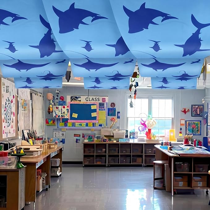 VioraWhite 3 Pcs Under the Ocean Ceiling Decorations Shark Themed Birthday Party Decorations 24 Inch x 12 ft Shark Manta Ray Banners Marine Sea Animal Ceiling Covers for Baby Shower Daycare Classroom