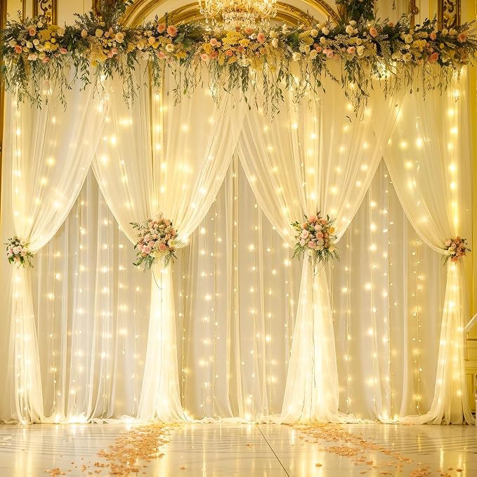 10ft x 10ft Champagne Sheer Tulle Backdrop Curtains with Lights String for Party Wedding Wrinkle Free Curtain Backdrops Drape for Baby Shower Birthday Party Photo Back Drop Background Home Decorations