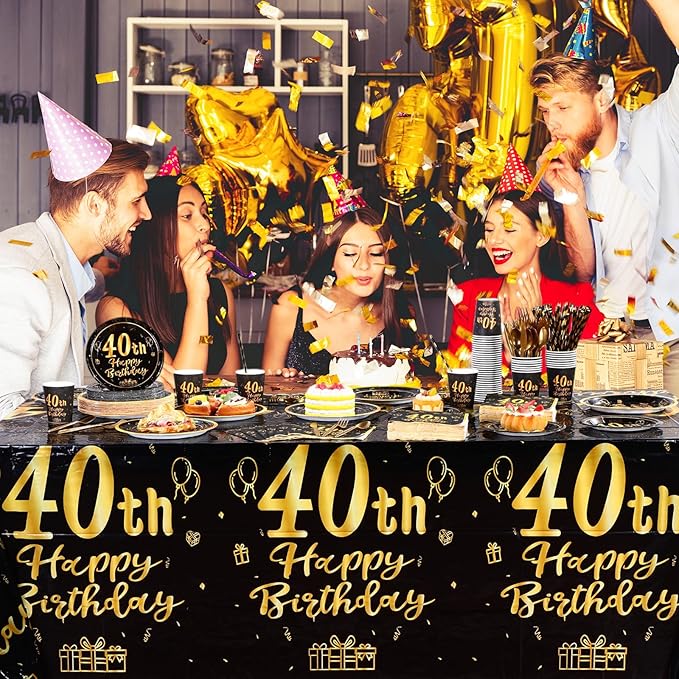 Funnymoom 452 Pcs 40th Birthday Party Decorations Set for Men Women, Black and Gold Happy 40th Birthday Paper Plates Napkins Cups Tablecloth Cutlery Straws for Cheers to 40 Years Anniversary Party