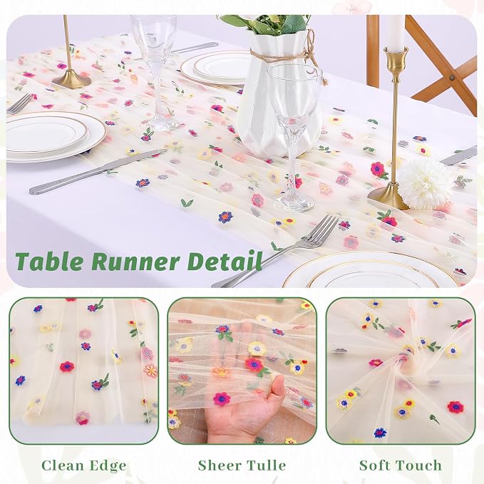QueenDream 3 Packs Champagne Table Runner Sheer Tulle Gauze Embroidery Daisy Table Runner Fabric for Wedding Home Party Holiday Table Decortaions
