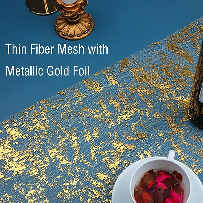 Snowkingdom Glitter Metallic Gold Table Runner 11 Inch x 49 Feet Roll Thin Mesh Sparkle Runner Table Decorations for Wedding Bridal Baby Shower, Anniversary, Christmas, Birthday Party