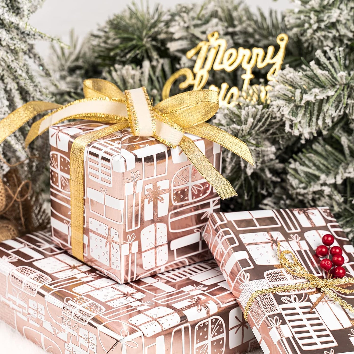 WRAPAHOLIC Wrapping Paper Roll - Mini Roll - 17 Inch x 33 Feet - Rose Gold Present Design with Metallic Foil Shine for Birthday, Party, Baby Shower