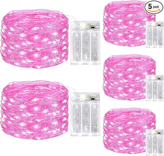 kolpop 5 Pack Fairy Lights Battery Operated with Timer, 50 LED Mini String Light Battery Powered, Pink Tiny Lights for Indoor Wedding Decorations